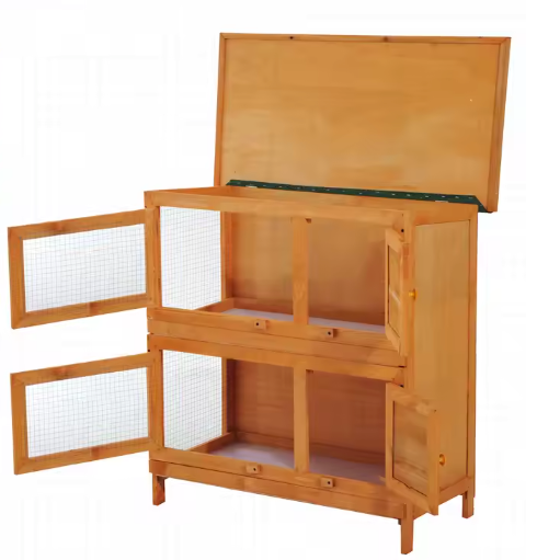 Houten Konijnenhok 2 Verdiepingen – Buitenverblijf met Dak en Schoonmaakladen