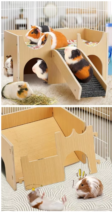 Houten Cavia Kasteel met Trap – Schuilhuis op Meerdere Niveaus voor Kleine Dieren