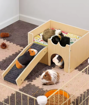 Houten Cavia Kasteel met Trap – Schuilhuis op Meerdere Niveaus voor Kleine Dieren