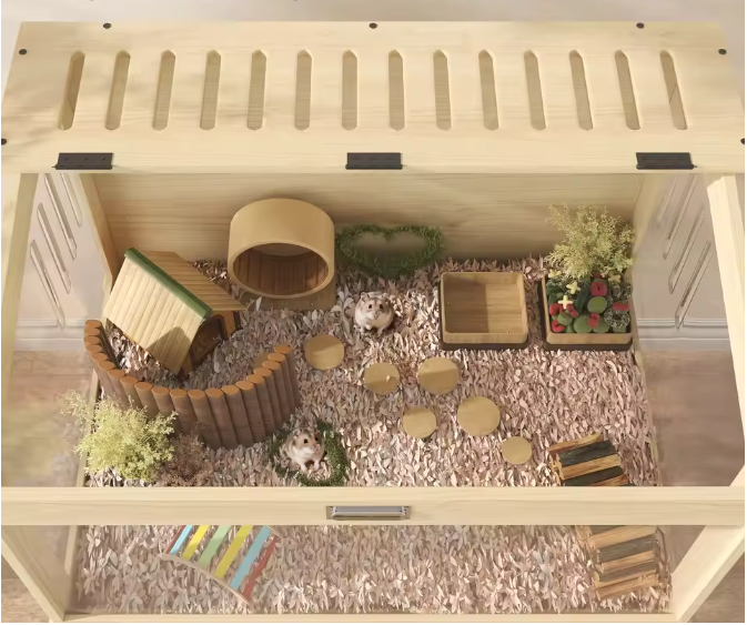 Houten Hamsterkooi met 2 Verdiepingen – Grote Knaagdierenkooi met Acrylvenster