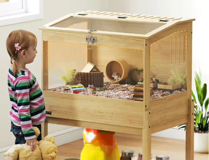 Houten Hamsterkooi met 2 Verdiepingen – Grote Knaagdierenkooi met Acrylvenster