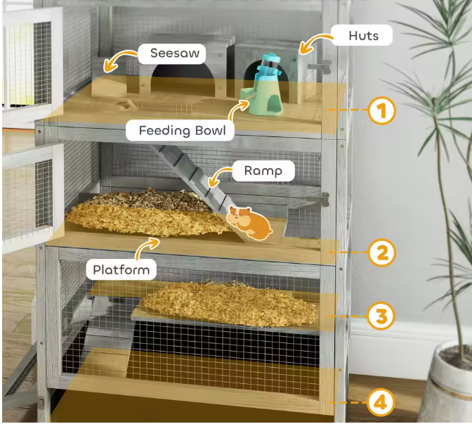 Houten Hamsterkooi met 4 Verdiepingen – Knaagdierenkooi met Wielen
