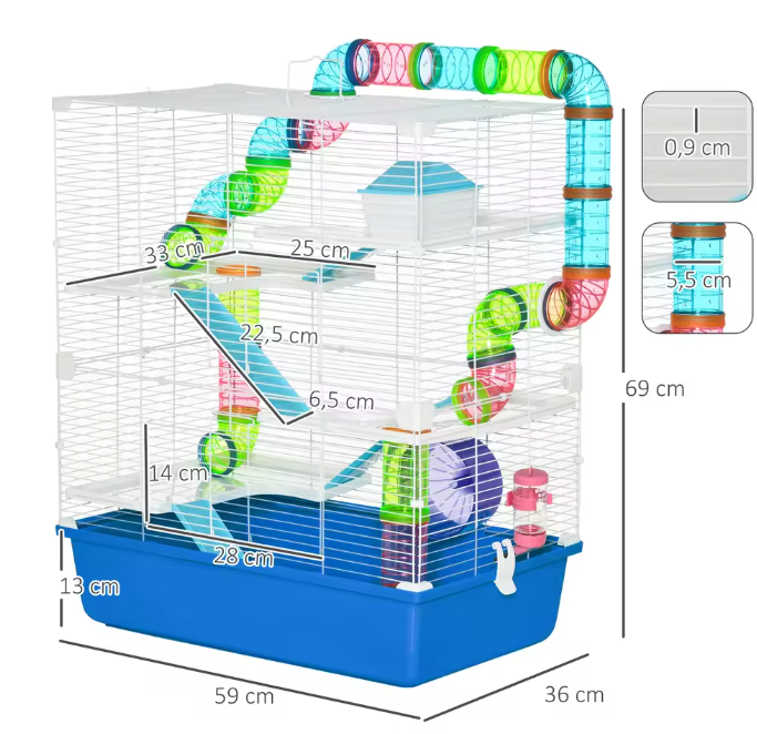 Hamsterkooi met Platforms, Tunnel en Oefenwiel – Complete Kooi voor Knaagdieren