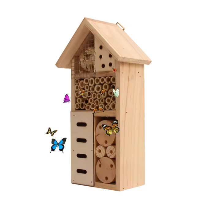 Houten Insectenhotel voor Tuin – Bijen- en Vlinderhuis met Natuurlijke Nestkamers