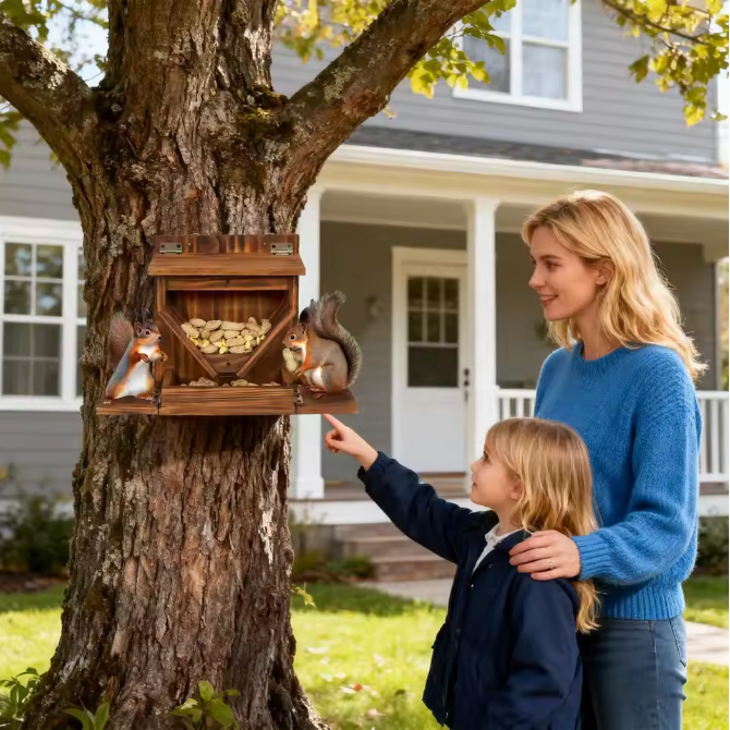 Houten Eekhoorn Voederhuis voor Buiten – Weerbestendige Voederbak voor Tuin en Boom
