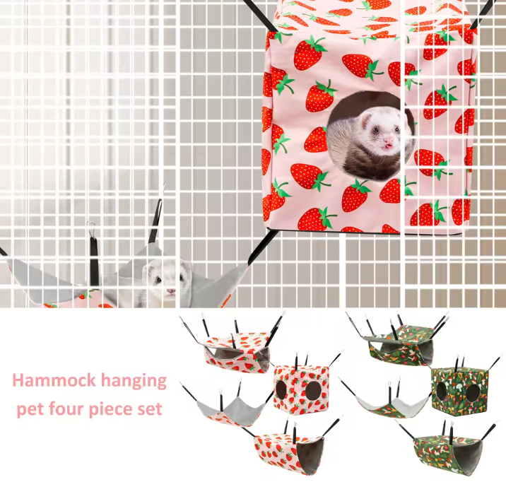 4-Delige Hamster Hangmat Set – Zacht Polyester Ophangsysteem met Tunnel, Nest en Mat voor Kleine Knaagdieren