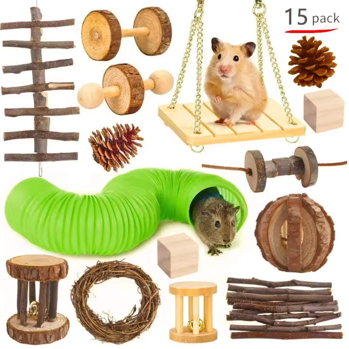 Houten Knaagdier Speelgoedset – Kauw en Speel Set voor Kleine Dieren