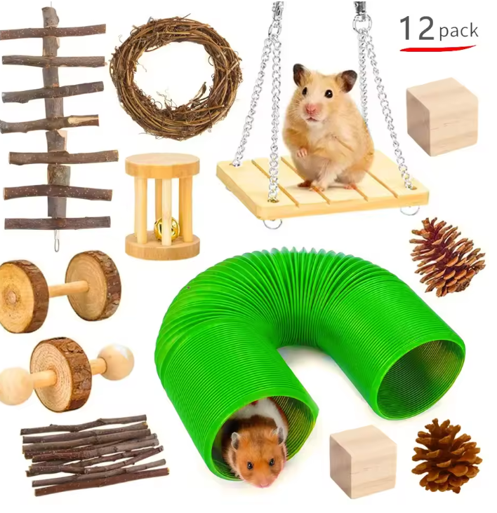 Houten Knaagdier Speelgoedset – Kauw en Speel Set voor Kleine Dieren