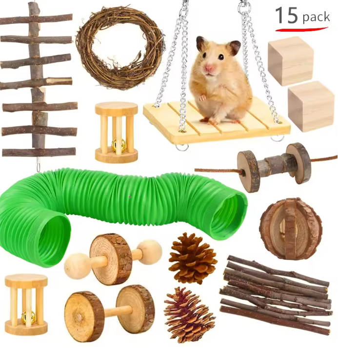 Houten Knaagdier Speelgoedset – Kauw en Speel Set voor Kleine Dieren