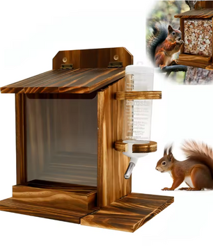 Houten Eekhoorn Voederhuis met Waterfles – Voederbak voor Tuin en Buiten