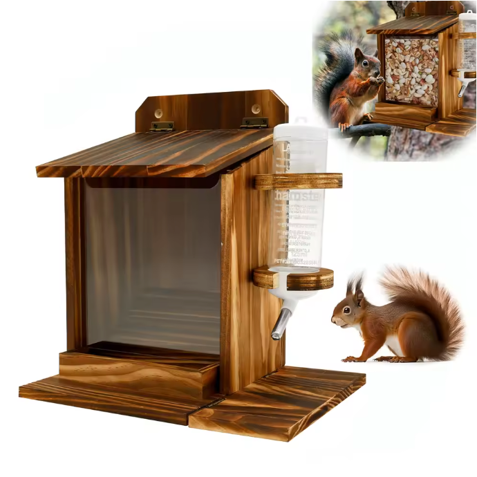 Houten Eekhoorn Voederhuis met Waterfles – Voederbak voor Tuin en Buiten