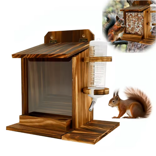 Houten Eekhoorn Voederhuis met Waterfles – Voederbak voor Tuin en Buiten