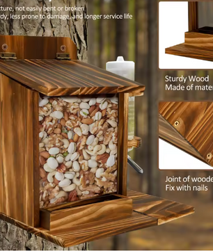 Houten Eekhoorn Voederhuis met Waterfles – Voederbak voor Tuin en Buiten