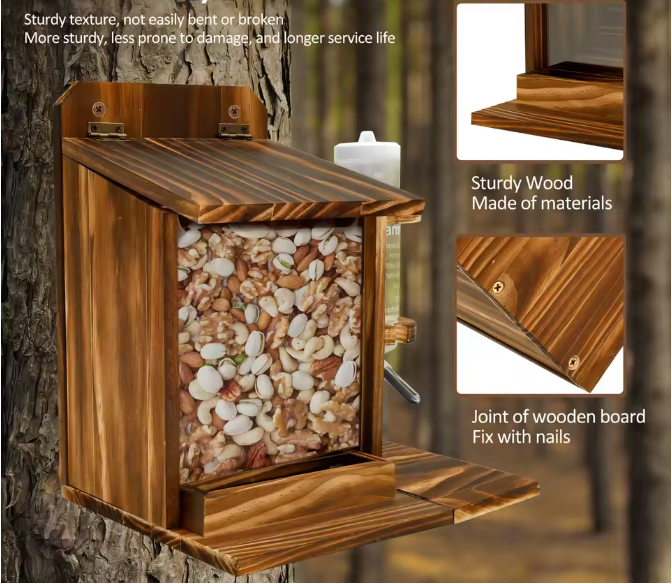 Houten Eekhoorn Voederhuis met Waterfles – Voederbak voor Tuin en Buiten