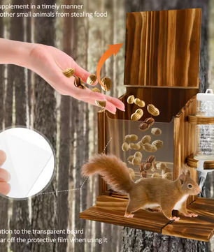 Houten Eekhoorn Voederhuis met Waterfles – Voederbak voor Tuin en Buiten