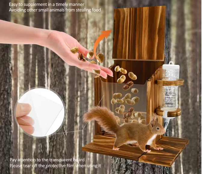 Houten Eekhoorn Voederhuis met Waterfles – Voederbak voor Tuin en Buiten