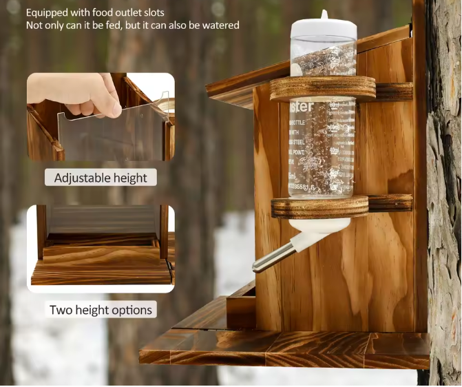 Houten Eekhoorn Voederhuis met Waterfles – Voederbak voor Tuin en Buiten