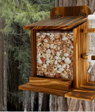 Houten Eekhoorn Voederhuis met Waterfles – Voederbak voor Tuin en Buiten