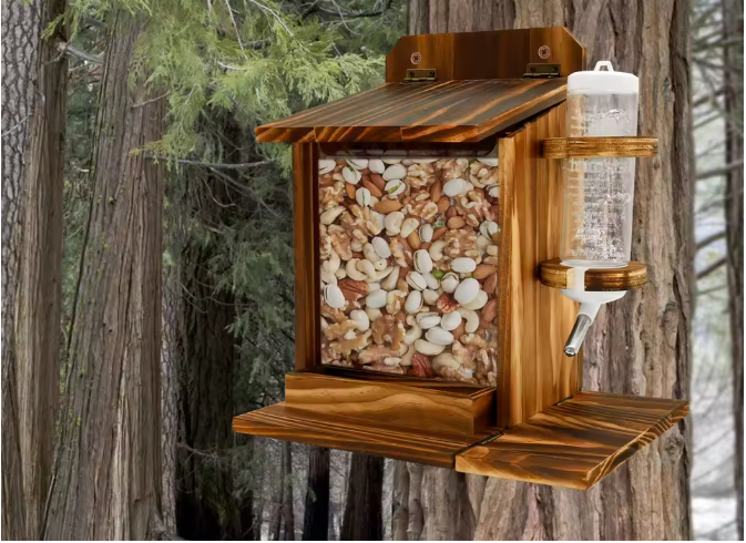 Houten Eekhoorn Voederhuis met Waterfles – Voederbak voor Tuin en Buiten