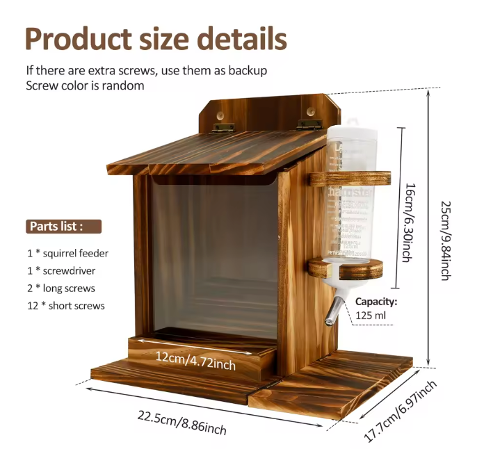 Houten Eekhoorn Voederhuis met Waterfles – Voederbak voor Tuin en Buiten