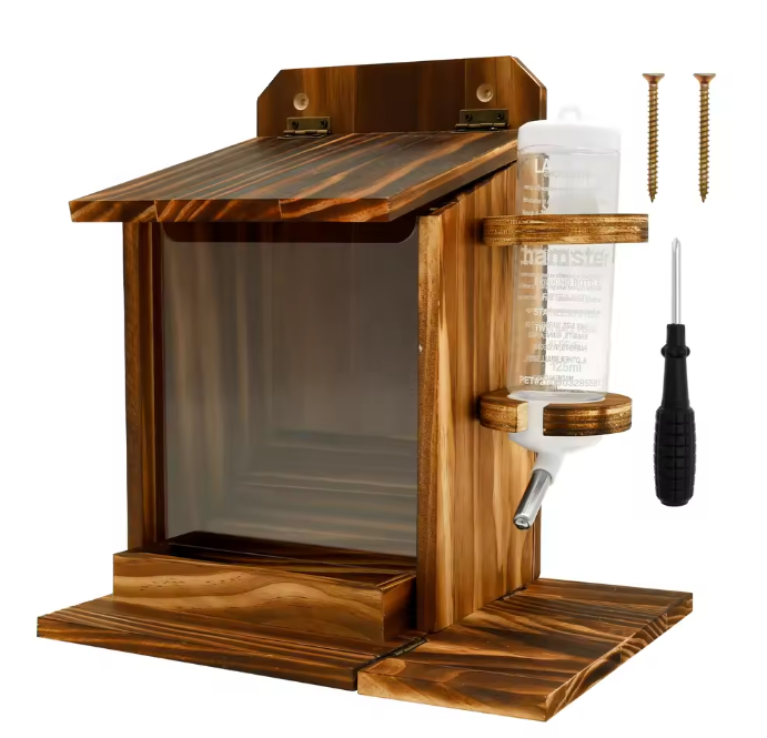 Houten Eekhoorn Voederhuis met Waterfles – Voederbak voor Tuin en Buiten