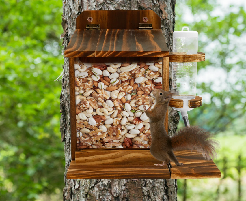 Houten Eekhoorn Voederhuis met Waterfles – Voederbak voor Tuin en Buiten