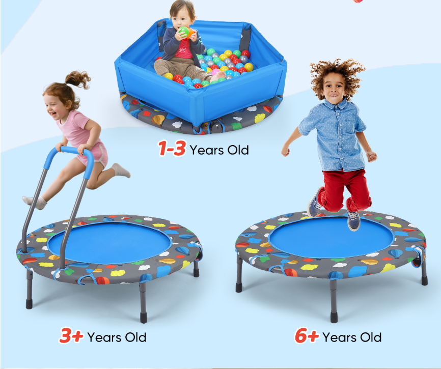 3 In1 Foldable Trampoline 93cm Indoor/Outdoor Toddler Trampoline With Ball Pit +100 Balls, Handle Height Adjustable For Kids