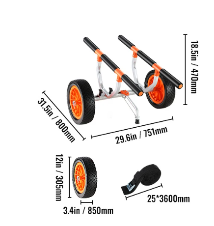 Kajak Transportkar – Opvouwbare Kano Trolley met Massieve Wielen en Verstelbare Breedte tot 44 cm
