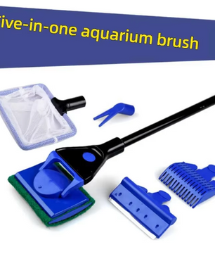 5-in-1 Aquarium Reinigingsset – Algen Schraper, Borstel en Tang met Lange Steel