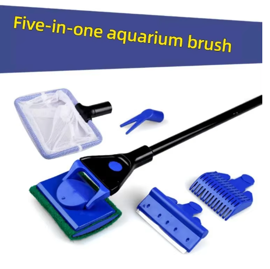 5-in-1 Aquarium Reinigingsset – Algen Schraper, Borstel en Tang met Lange Steel