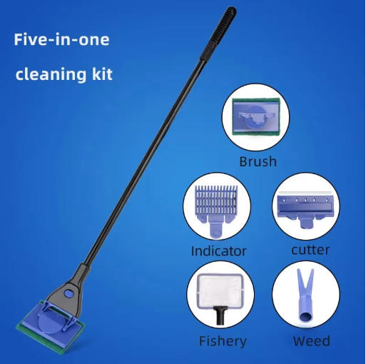 5-in-1 Aquarium Reinigingsset – Algen Schraper, Borstel en Tang met Lange Steel