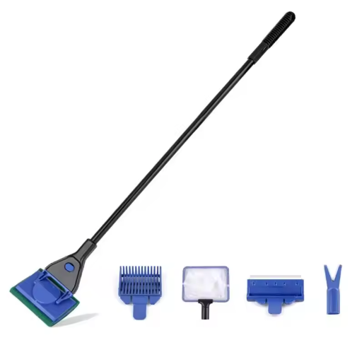 5-in-1 Aquarium Reinigingsset – Algen Schraper, Borstel en Tang met Lange Steel