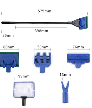 5-in-1 Aquarium Reinigingsset – Algen Schraper, Borstel en Tang met Lange Steel