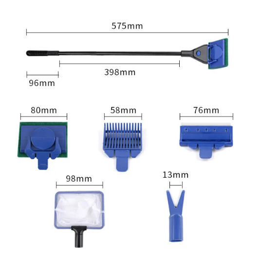 5-in-1 Aquarium Reinigingsset – Algen Schraper, Borstel en Tang met Lange Steel