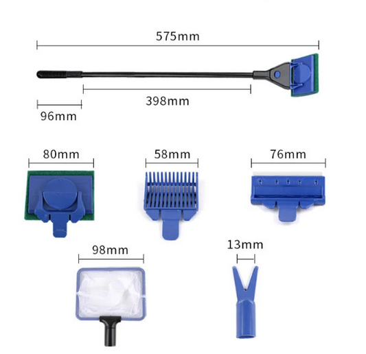 5-in-1 Aquarium Reinigingsset – Algen Schraper, Borstel en Tang met Lange Steel