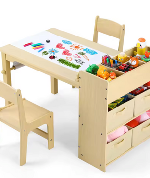 Kinder Tekentafel met 2 Stoelen – Houten Knutseltafel met Opbergruimte en Papierrol