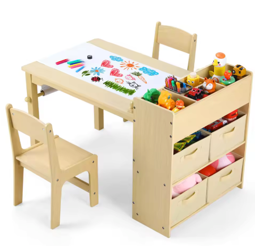 Kinder Tekentafel met 2 Stoelen – Houten Knutseltafel met Opbergruimte en Papierrol