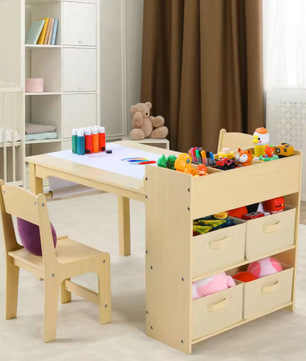 Kinder Tekentafel met 2 Stoelen – Houten Knutseltafel met Opbergruimte en Papierrol
