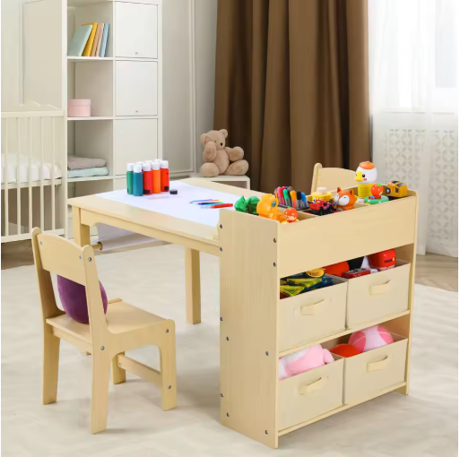 Kinder Tekentafel met 2 Stoelen – Houten Knutseltafel met Opbergruimte en Papierrol