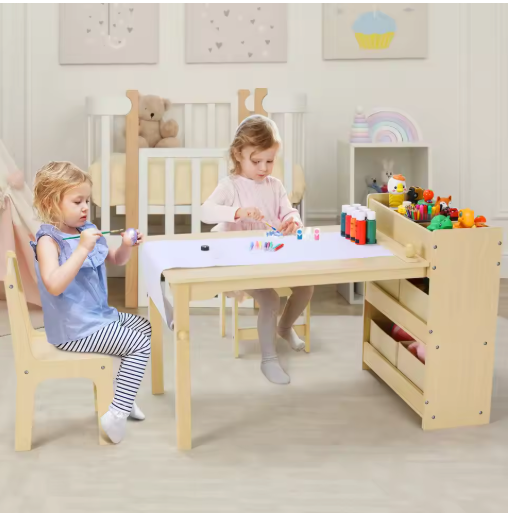 Kinder Tekentafel met 2 Stoelen – Houten Knutseltafel met Opbergruimte en Papierrol