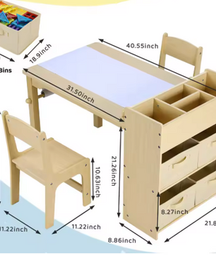 Kinder Tekentafel met 2 Stoelen – Houten Knutseltafel met Opbergruimte en Papierrol