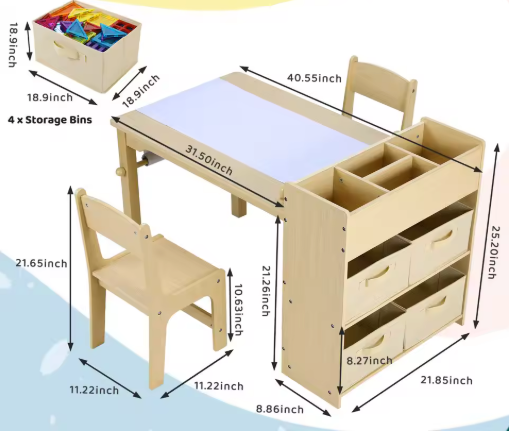 Kinder Tekentafel met 2 Stoelen – Houten Knutseltafel met Opbergruimte en Papierrol