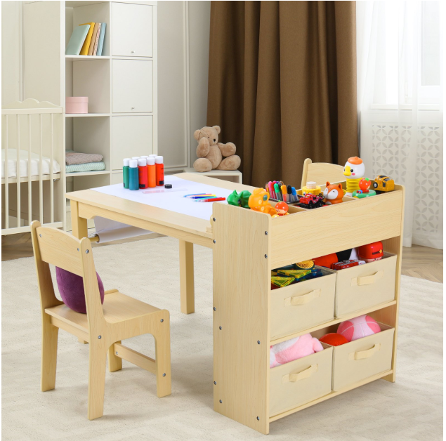 Kinder Tekentafel met 2 Stoelen – Houten Knutseltafel met Opbergruimte en Papierrol