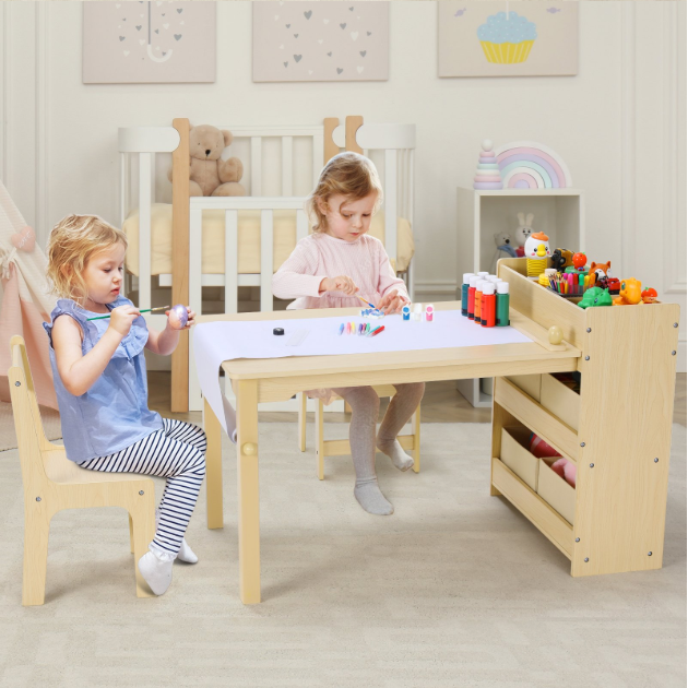 Kinder Tekentafel met 2 Stoelen – Houten Knutseltafel met Opbergruimte en Papierrol