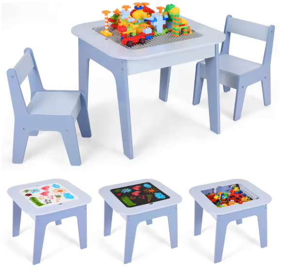 Kinder Speeltafel met 2 Stoelen – 4-in-1 Houten Activiteitentafel met Opbergruimte en Bouwplaat