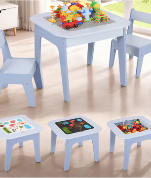 Kinder Speeltafel met 2 Stoelen – 4-in-1 Houten Activiteitentafel met Opbergruimte en Bouwplaat