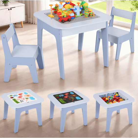 Kinder Speeltafel met 2 Stoelen – 4-in-1 Houten Activiteitentafel met Opbergruimte en Bouwplaat