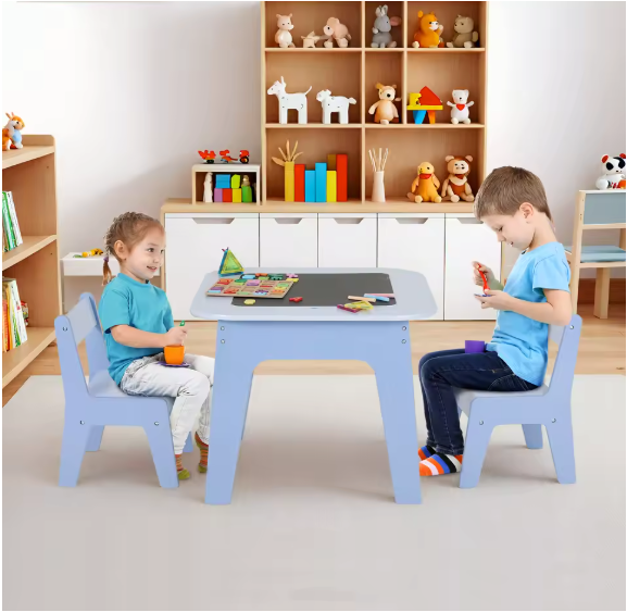 Kinder Speeltafel met 2 Stoelen – 4-in-1 Houten Activiteitentafel met Opbergruimte en Bouwplaat