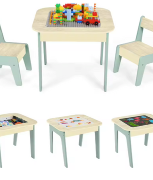 Kinder Speeltafel met 2 Stoelen – 4-in-1 Houten Activiteitentafel met Opbergruimte en Bouwplaat