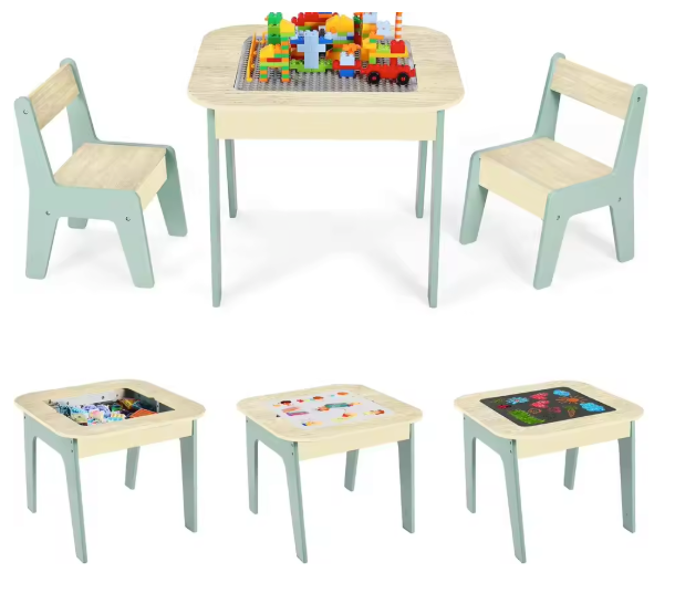 Kinder Speeltafel met 2 Stoelen – 4-in-1 Houten Activiteitentafel met Opbergruimte en Bouwplaat